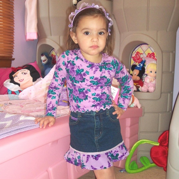 Betsey Johnson Skirt Top Set Denim Velvet Ruffle Lavender Girls 3T Roses Vintage - Picture 7 of 8